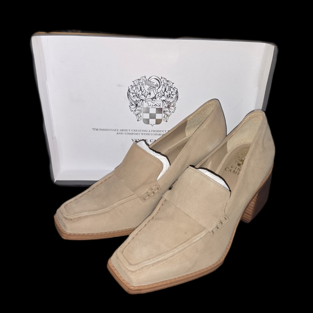 NIB Vince Camuto Segellis Tortilla Tan Suede Block Heeled Loafers Size 7 1/2
